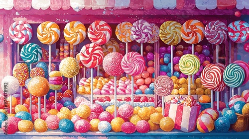 Bright lollipops and candies fill the candy shop window, an invitation to indulge in sweet delights.