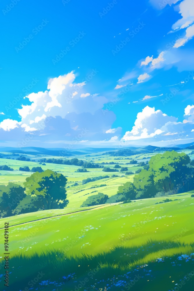 Obraz premium Beautiful Grassland with Blue Sky and White Clouds, Simple Green Landscape Design