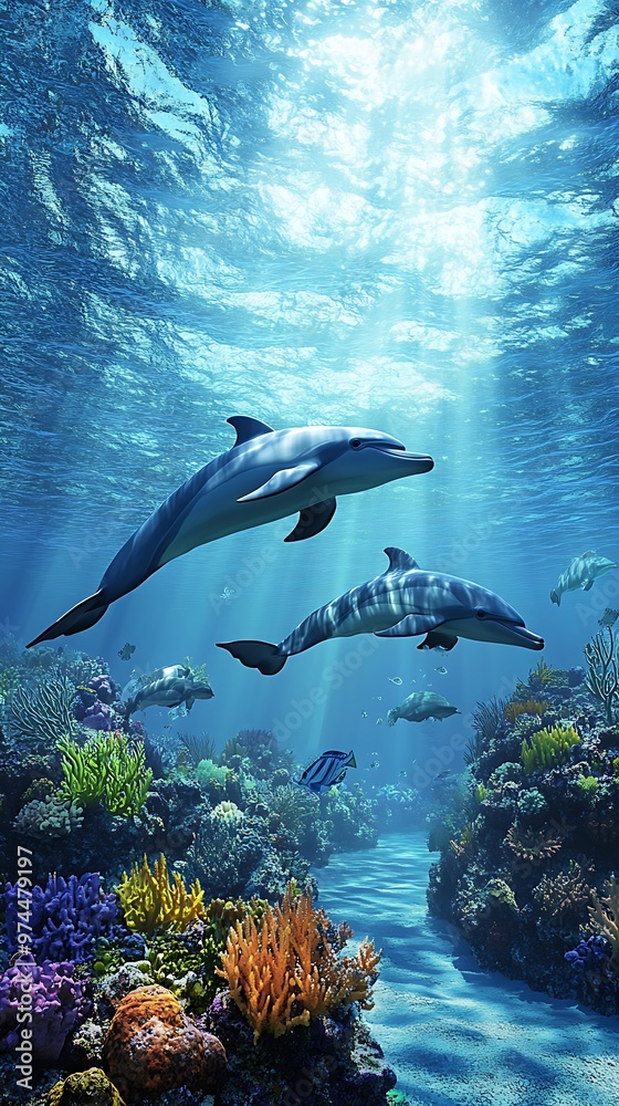 Fototapeta premium Dolphins Swimming Through a Vibrant Coral Reef.