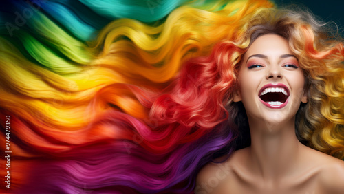 Laughing young woman having fun. Awesome fancy long rainbow colored hair extensions photo