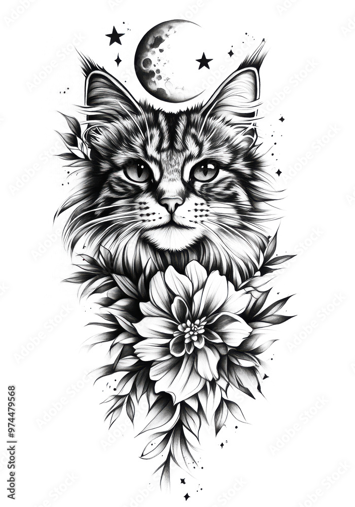 Fototapeta premium a cat and flower on white background. Tattoo style. Coloring book. T-Shirt design