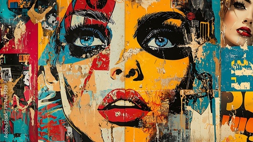 A collage of a female face in abstract pop art style merges vivid hues and striking shapes into a captivating composition.