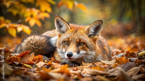 A frail, coughing red fox with dull fur and sunken eyes lies helpless on a forest floor, surrounded by autumn leaves and twigs.