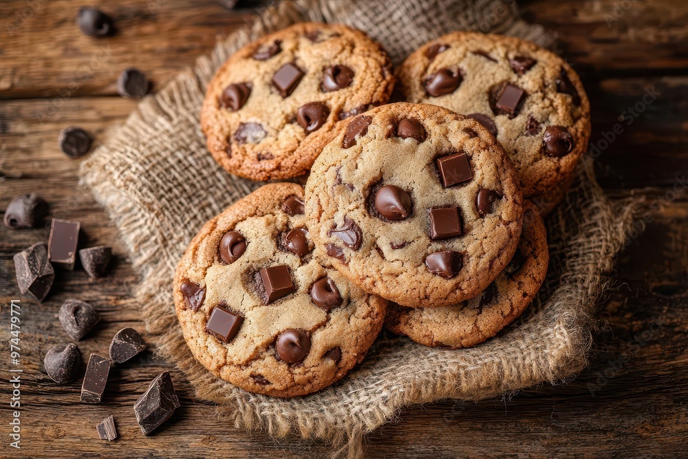 artisanal chocolate chip cookies arranged on rustic wooden surface warm lighting emphasizing goldenbrown edges and melty chocolate morsels appetizing food photography artisanal chocolate chip cookies arranged on rustic wooden surface warm lighting emphasizing goldenbrown edges and melty chocolate morsels appetizing food photography