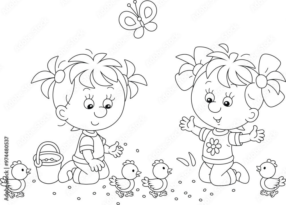 Cute little girls with a bucket of grains squatted down to feed a merry brood of funny small chicks, black and white vector cartoon illustration for a coloring book Cute little girls with a bucket of grains squatted down to feed a merry brood of funny small chicks, black and white vector cartoon illustration for a coloring book