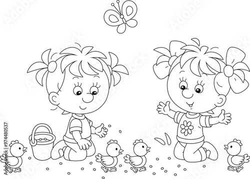 Cute little girls with a bucket of grains squatted down to feed a merry brood of funny small chicks, black and white vector cartoon illustration for a coloring book