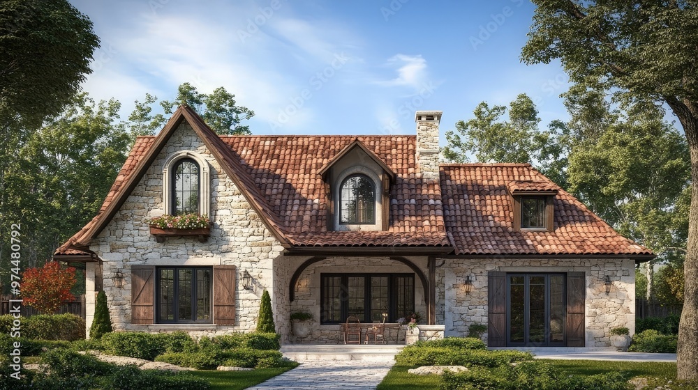 A charming new house with a French country design, including rustic stone walls, a tiled roof, and a beautifully landscaped garden. A charming new house with a French country design, including rustic stone walls, a tiled roof, and a beautifully landscaped garden.