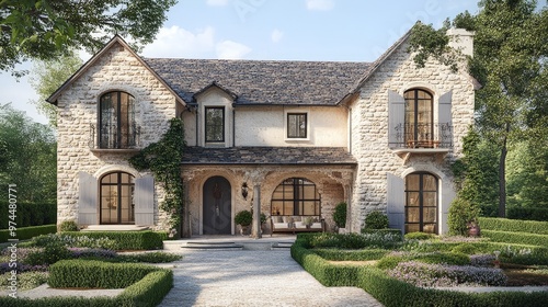 A charming new house with a French country design, including rustic stone walls, a tiled roof, and a beautifully landscaped garden. 