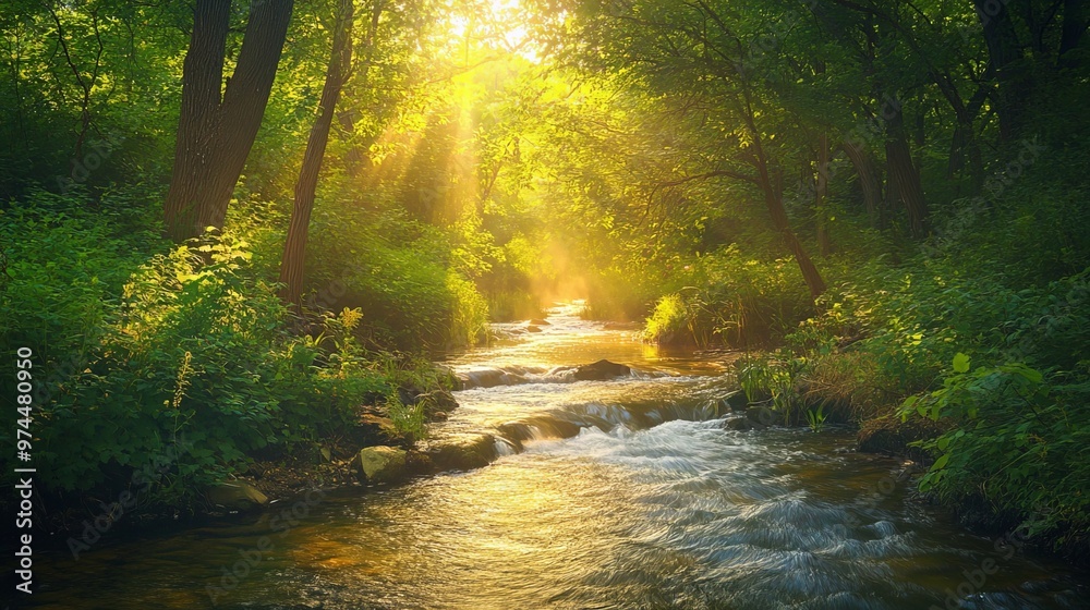 A charming summer background with a serene river flowing through a forest. Sunlight filters through the trees, casting a warm, dappled light on the water and surrounding foliage. A charming summer background with a serene river flowing through a forest. Sunlight filters through the trees, casting a warm, dappled light on the water and surrounding foliage.