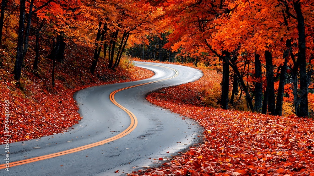Naklejka premium A winding road passes through an autumn forest, with red leaves carpeting the ground in a serene, scenic view.