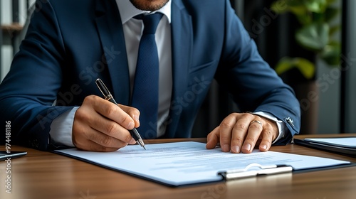 A businessman signs a contract, his pen poised over the paper in a moment of formality and decision-making.