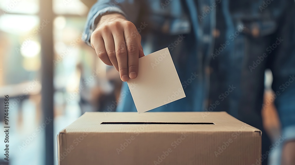 A person casts their vote into a ballot box, representing the power of democracy on election day. A person casts their vote into a ballot box, representing the power of democracy on election day.