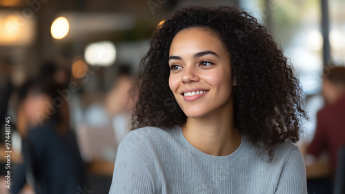 Close-up portrait of a young woman smiling warmly in a social setting.