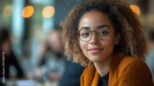 Close-up portrait of a young woman with glasses smiling warmly in a social setting.