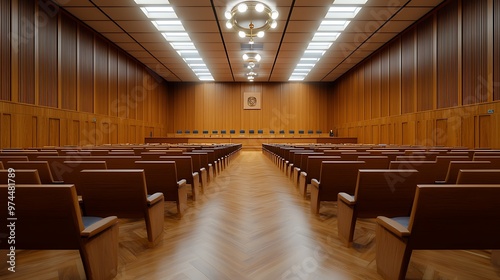 An empty courtroom, with wooden seats and a judge�s bench, stands ready for the next case. photo