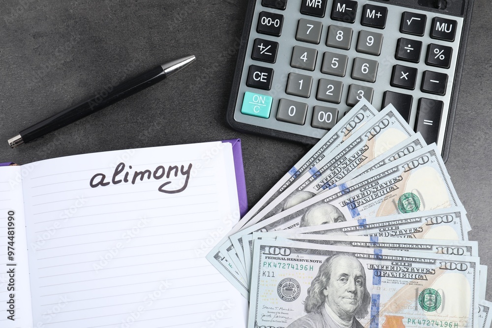 Notebook with word Alimony, dollar banknotes, calculator and pen on grey table, flat lay Notebook with word Alimony, dollar banknotes, calculator and pen on grey table, flat lay