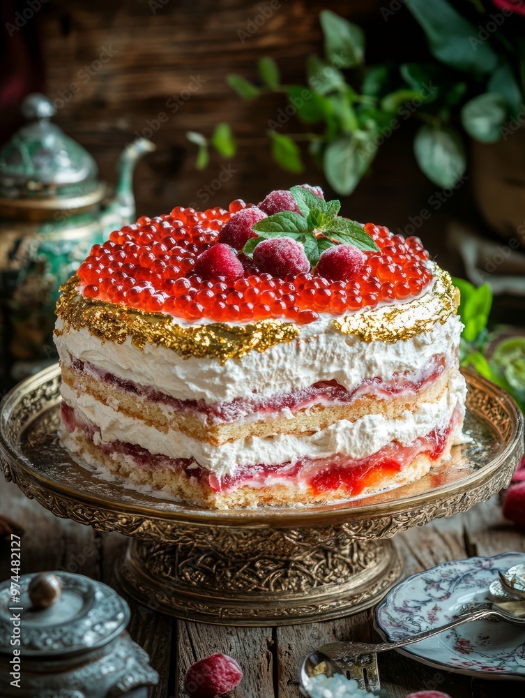 Photo of a treat of Italian cassata, a decadent cake layered with creams and candied fruit, covered with edible gold leaves Photo of a treat of Italian cassata, a decadent cake layered with creams and candied fruit, covered with edible gold leaves