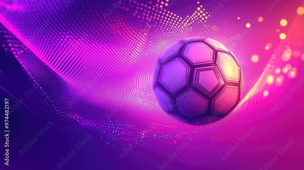 Fototapeta premium A glowing soccer ball on a vibrant purple and pink background with dots, dynamic lines, and geometric shapes creating a modern sports vibe.