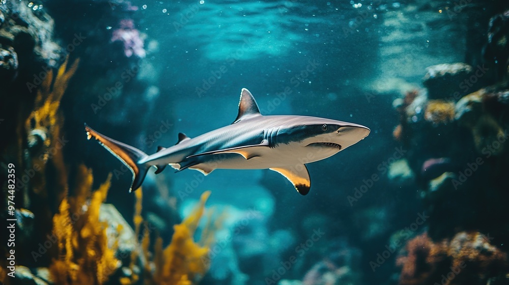A shark swims gracefully through vibrant coral reefs in a clear underwater environment during daytime exploration A shark swims gracefully through vibrant coral reefs in a clear underwater environment during daytime exploration