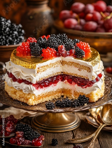Wallpaper Mural Photo of a treat of Italian cassata, a decadent cake layered with creams and candied fruit, covered with edible gold leaves Torontodigital.ca