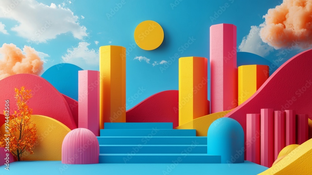 Abstract Colorful 3D Shapes Background with Steps Sun and Clouds Abstract Colorful 3D Shapes Background with Steps Sun and Clouds