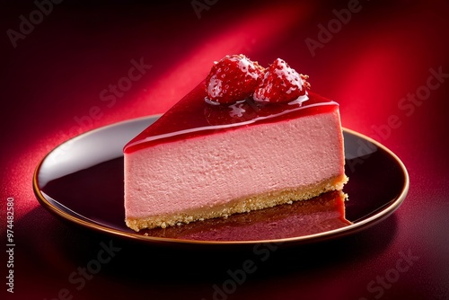 photorealistic photo of a cold cheesecake piece on a tiny flat dark ecru or yellow dessert plate, a cold cheesecake is shown straight at eye level 