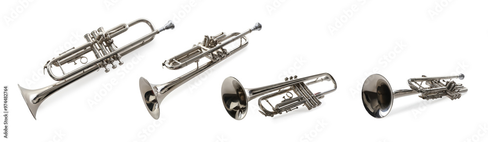 Trumpet isolated on white, collage. Musical instrument