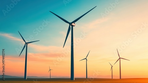 Renewable energy wind turbine with Wind farm with multiple turbines in motion, producing green energy, renewable power grid, eco-friendly technology, sustainable energy solutions, landscape view,