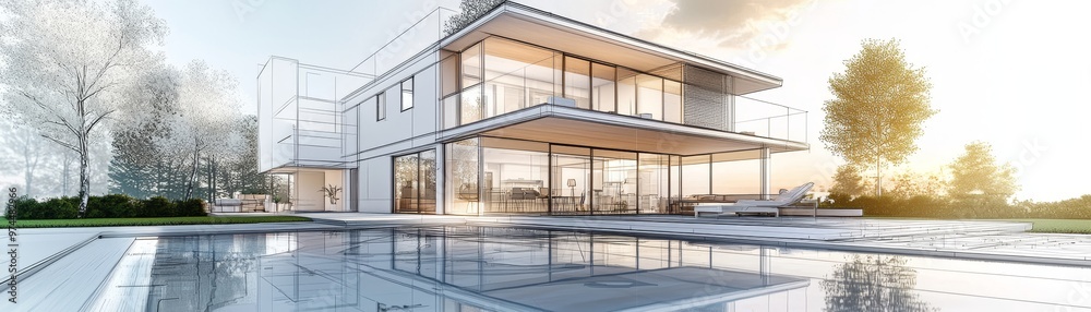 Modern architectural design featuring a spacious house with large glass windows, serene garden, and reflective pool. Modern architectural design featuring a spacious house with large glass windows, serene garden, and reflective pool.