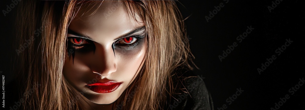 Gothic-inspired portrait of a model with dramatic makeup in a dark setting, capturing an intense and mysterious atmosphere Gothic-inspired portrait of a model with dramatic makeup in a dark setting, capturing an intense and mysterious atmosphere