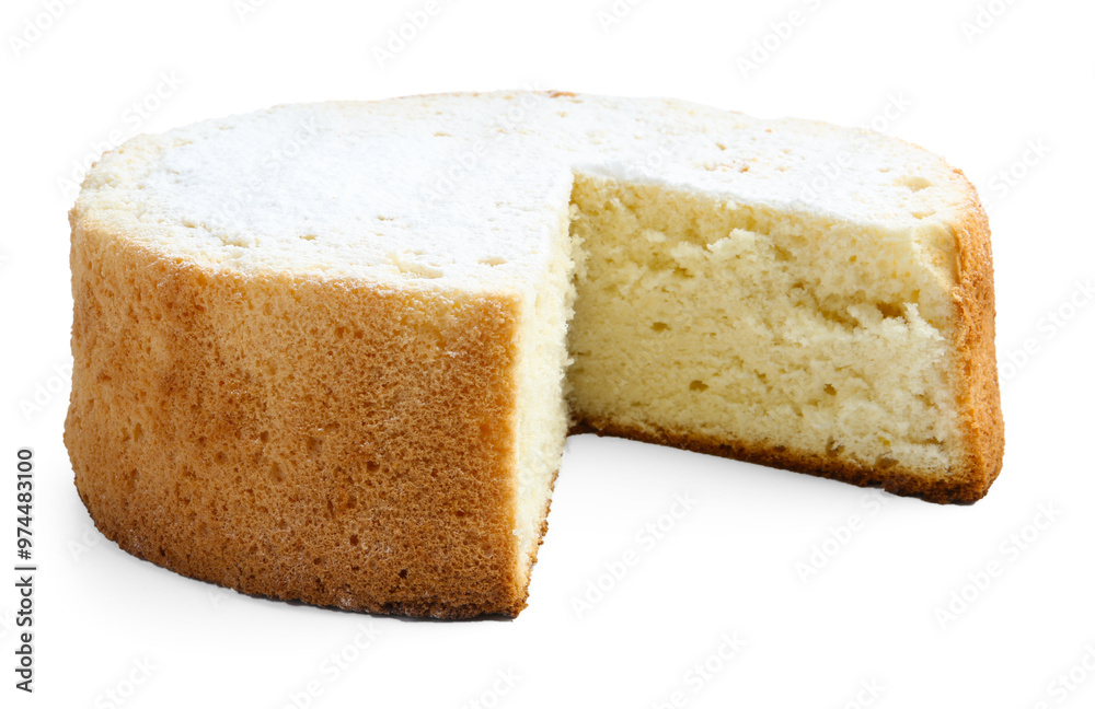 Delicious cut sponge cake with powdered sugar isolated on white Delicious cut sponge cake with powdered sugar isolated on white