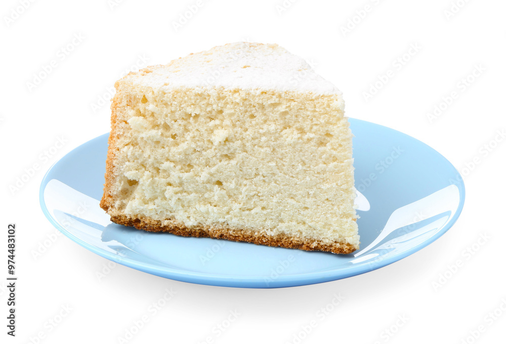 One piece of delicious sponge cake with powdered sugar isolated on white One piece of delicious sponge cake with powdered sugar isolated on white