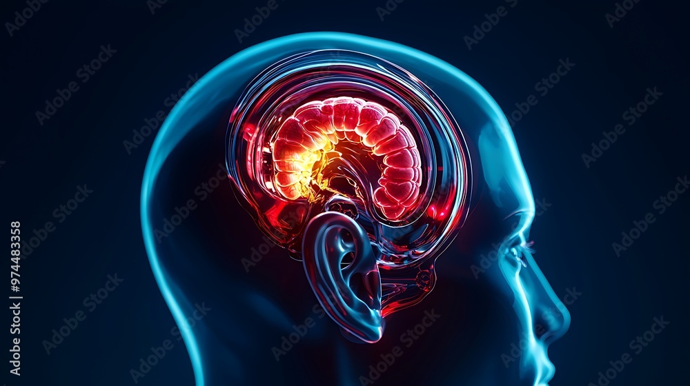 A glowing 3D render of the human brain focuses on the cerebrum, illuminating its complex structure.