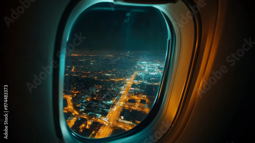 A view of a city at night through an airplane window, where brightly lit streets and buildings create a contrast with the dark sky