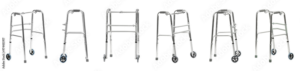 Walking frame isolated on white, collage. Different sides view Walking frame isolated on white, collage. Different sides view