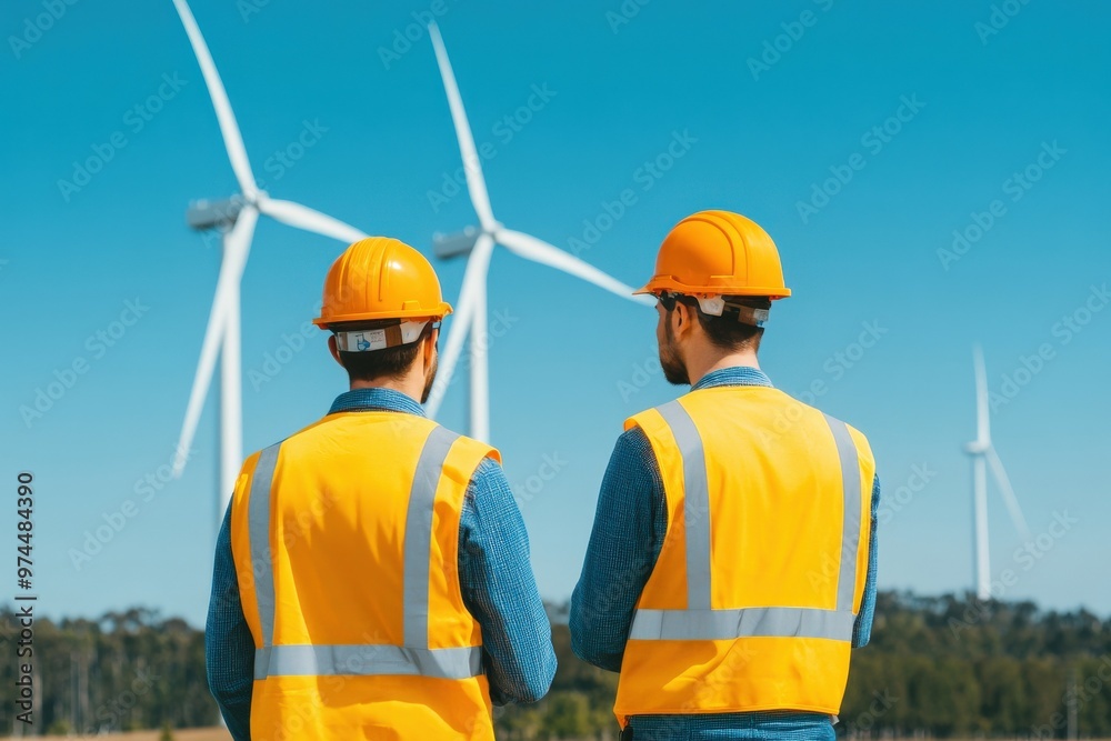Renewable energy wind turbine with Team of engineers assembling wind turbine components, cutting-edge engineering, renewable energy construction, sustainable power technology, clean energy