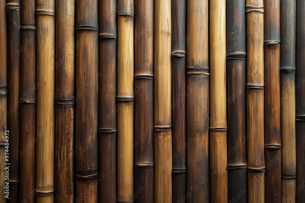 Fototapeta premium Close-up of bamboo wall texture showcasing natural wooden patterns in warm tones, ideal for backgrounds, designs, and nature-related projects.