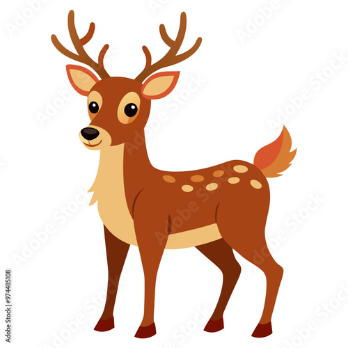 A cartoon deer with antlers stands proudly on a white background
