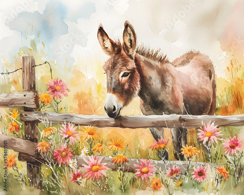 Adorable Donkey, Floral Accents in a Minimalistic and Cute Style, flowers, outdoor, nature, adorable animal, background, kids design, childeren, child, playful, art photo