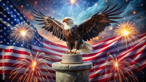 A majestic bald eagle spreads its wings, perched atop a Stars and Stripes draped pedestal, surrounded by festive fireworks and patriotic decorations on Independence Day. photo