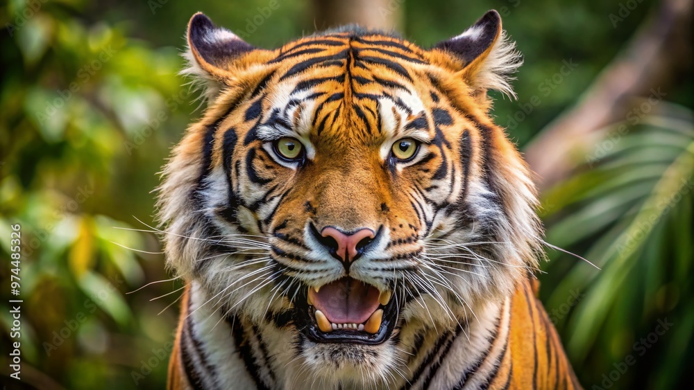 A majestic Bengal tiger's powerful jaws and razor-sharp, elongated canines are displayed in a fierce, close-up portrait, set against a blurred, natural forest backdrop. A majestic Bengal tiger's powerful jaws and razor-sharp, elongated canines are displayed in a fierce, close-up portrait, set against a blurred, natural forest backdrop.