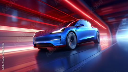 Sleek blue electric car speeding through a futuristic tunnel