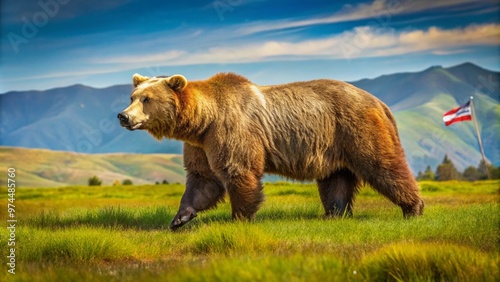 A majestic brown bear walks along a grassy plain, referencing the iconic symbol on California's state flag, representing strength, freedom, and the Golden State's wild heritage. photo