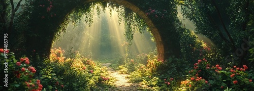 A magical forest pathway bathed in golden sunlight with vibrant flowers blooming in the early morning hours