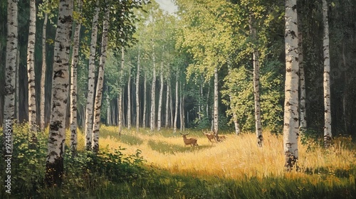 Roe deer in birch forest.