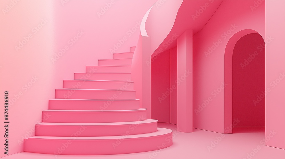 A minimalist pink interior design with a curved staircase. A minimalist pink interior design with a curved staircase.