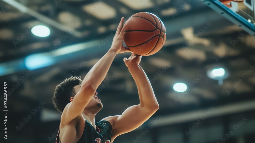 A basketball player shoots the ball during a game. A basketball player shoots the ball during a game.