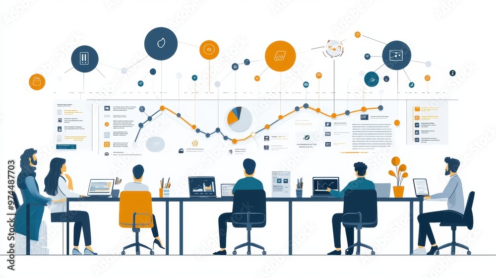 Business Team Analyzing Data and Charts on a Whiteboard Business Team Analyzing Data and Charts on a Whiteboard