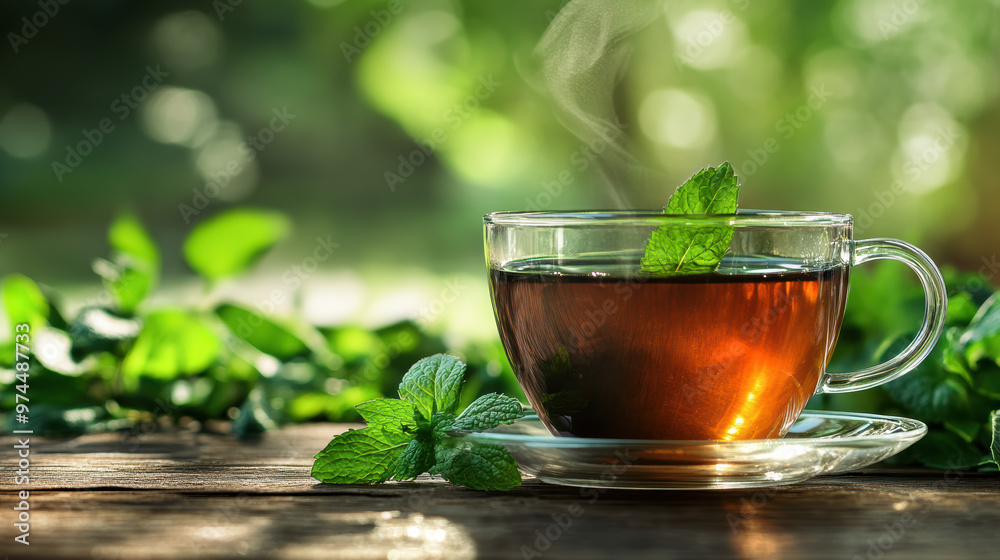 A steaming glass cup of freshly brewed herb tea with mint leaves, set against a lush green background, exuding warmth and tranquility. A steaming glass cup of freshly brewed herb tea with mint leaves, set against a lush green background, exuding warmth and tranquility.