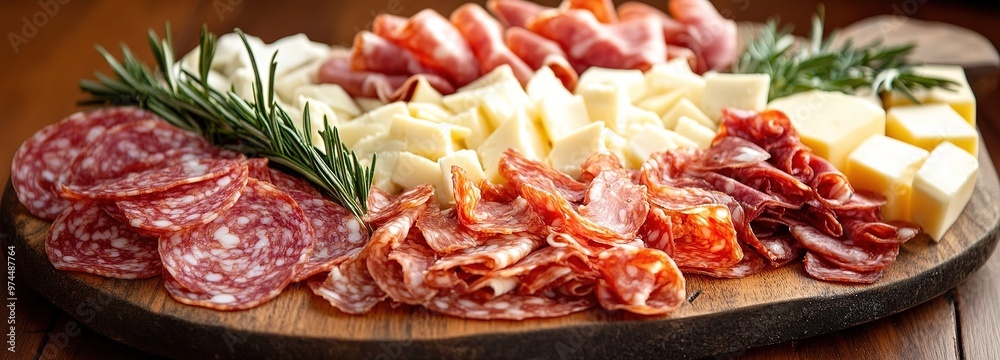 A gourmet charcuterie board featuring assorted meats, cheeses, and fresh herbs arranged on a wooden platter A gourmet charcuterie board featuring assorted meats, cheeses, and fresh herbs arranged on a wooden platter